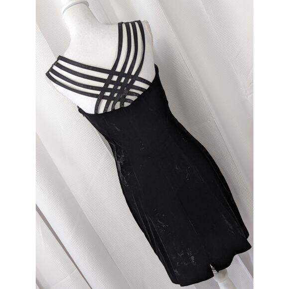 ONE + ONE! BLACK STRETCH VELVET, QUAD RIBBON WOVEN BACK, STRAPS DRESS! SZ 8 - Picture 10 of 10